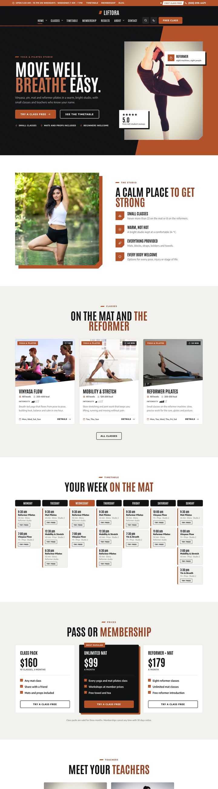 Yoga & pilates studio demo home page