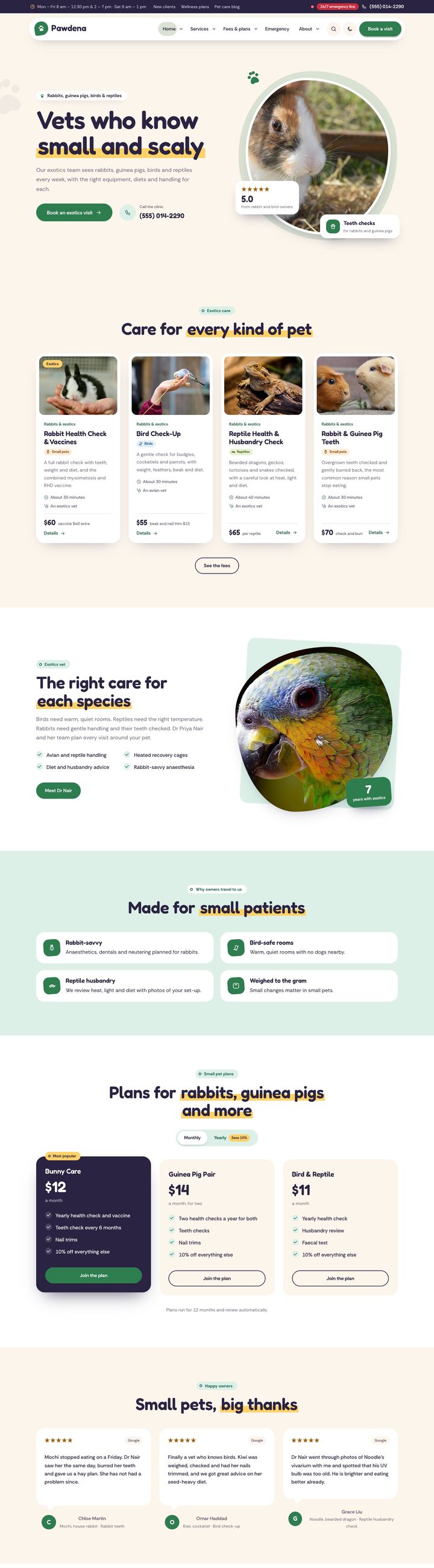 Exotic & small pet vet demo home page
