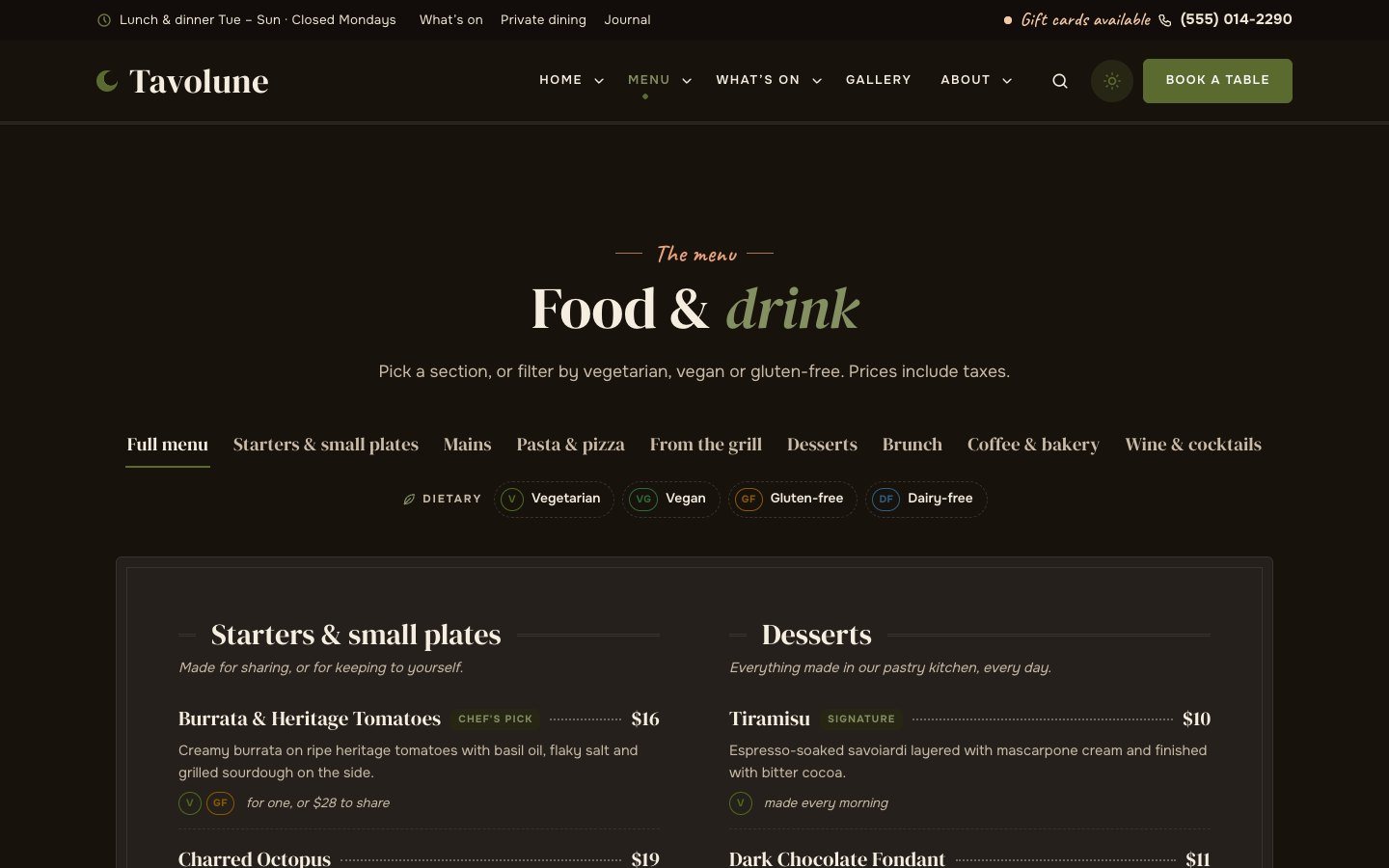 Tavolune in dark mode