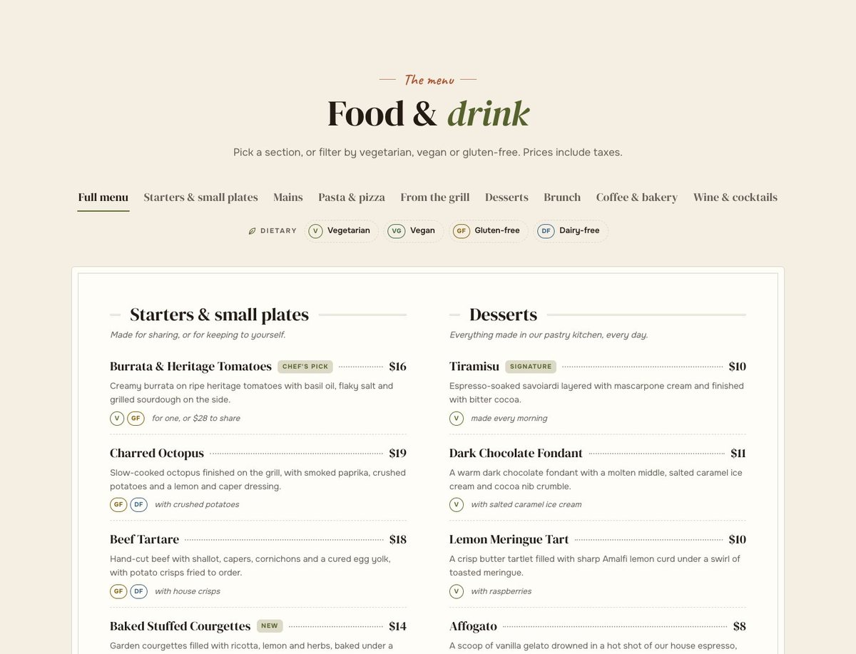 A menu guests can read