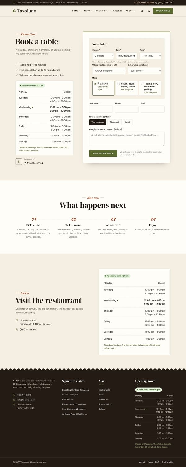 Book a table page